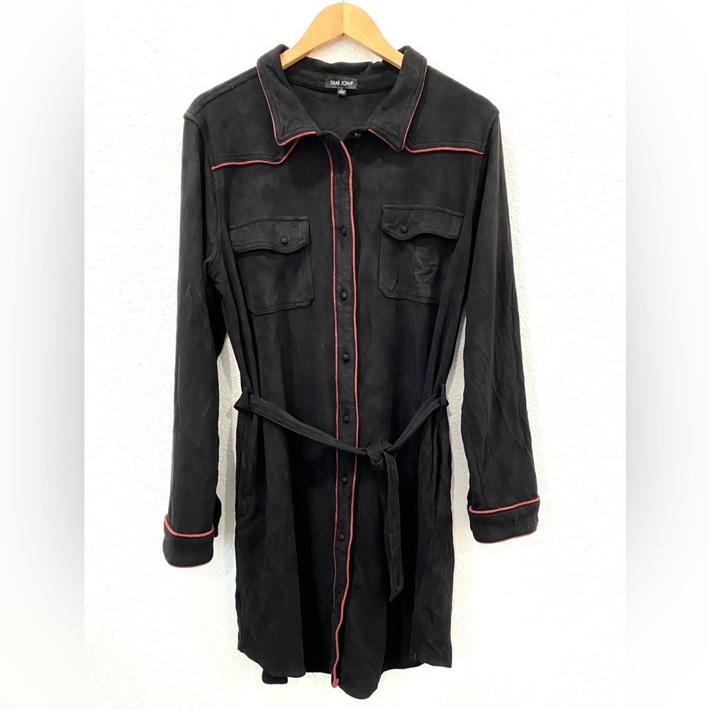 Dear John Dress  Black Vegan Suede Red Piping Belted Western Festival Concert L
